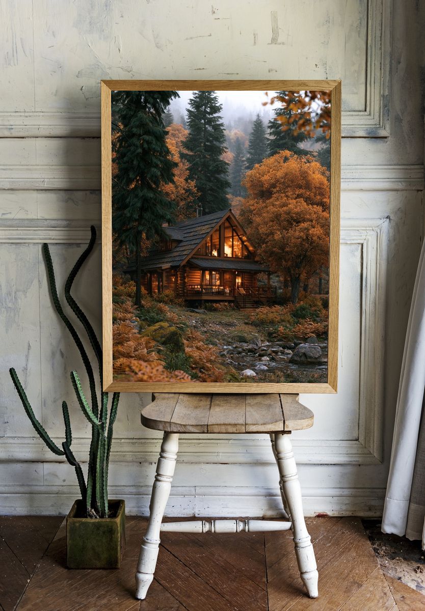 Autumn Cabin in the Pines Poster. room preview