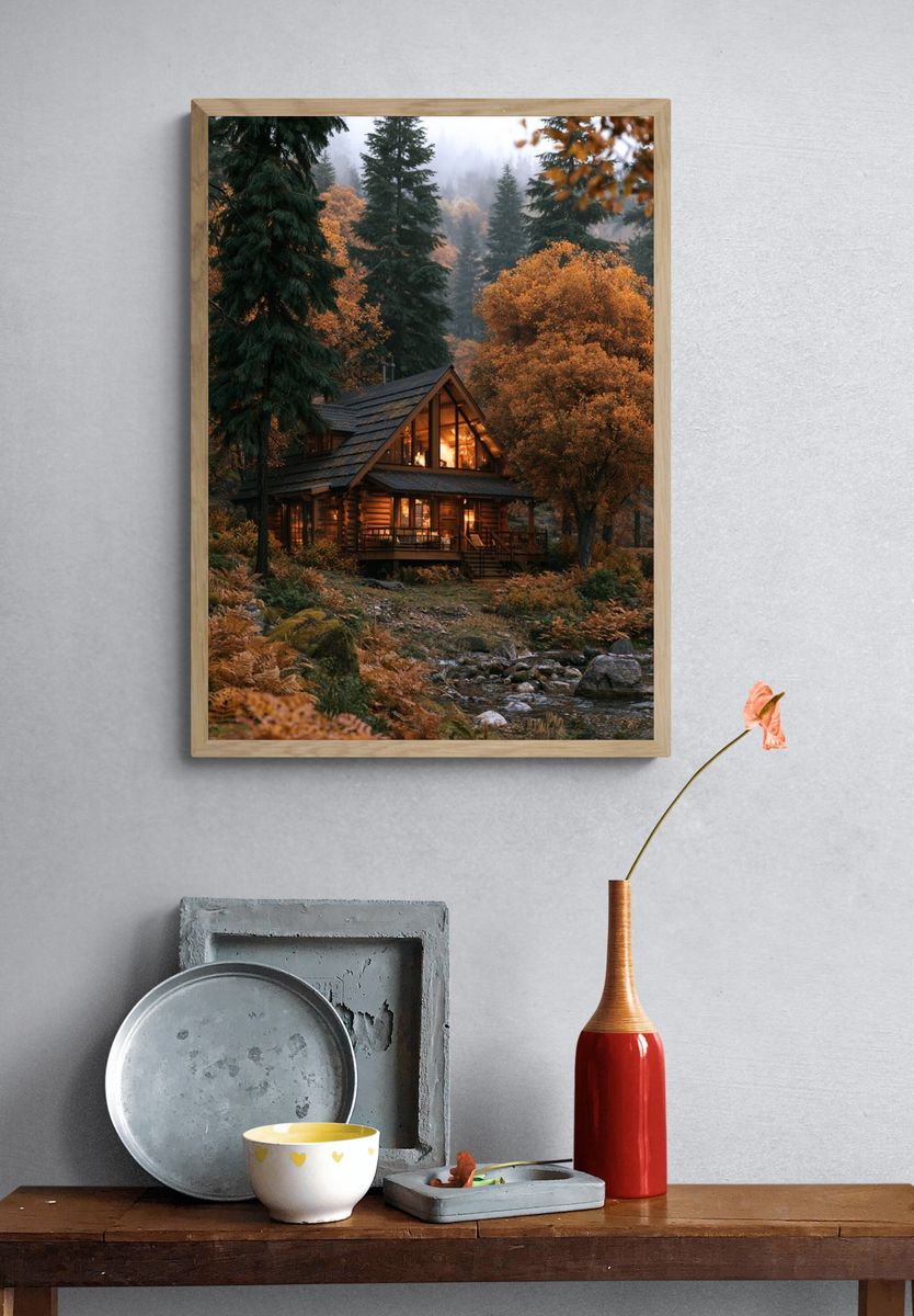 Autumn Cabin in the Pines Poster. — room view 3
