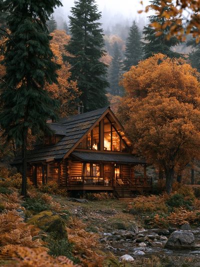 Autumn Cabin in the Pines Poster.