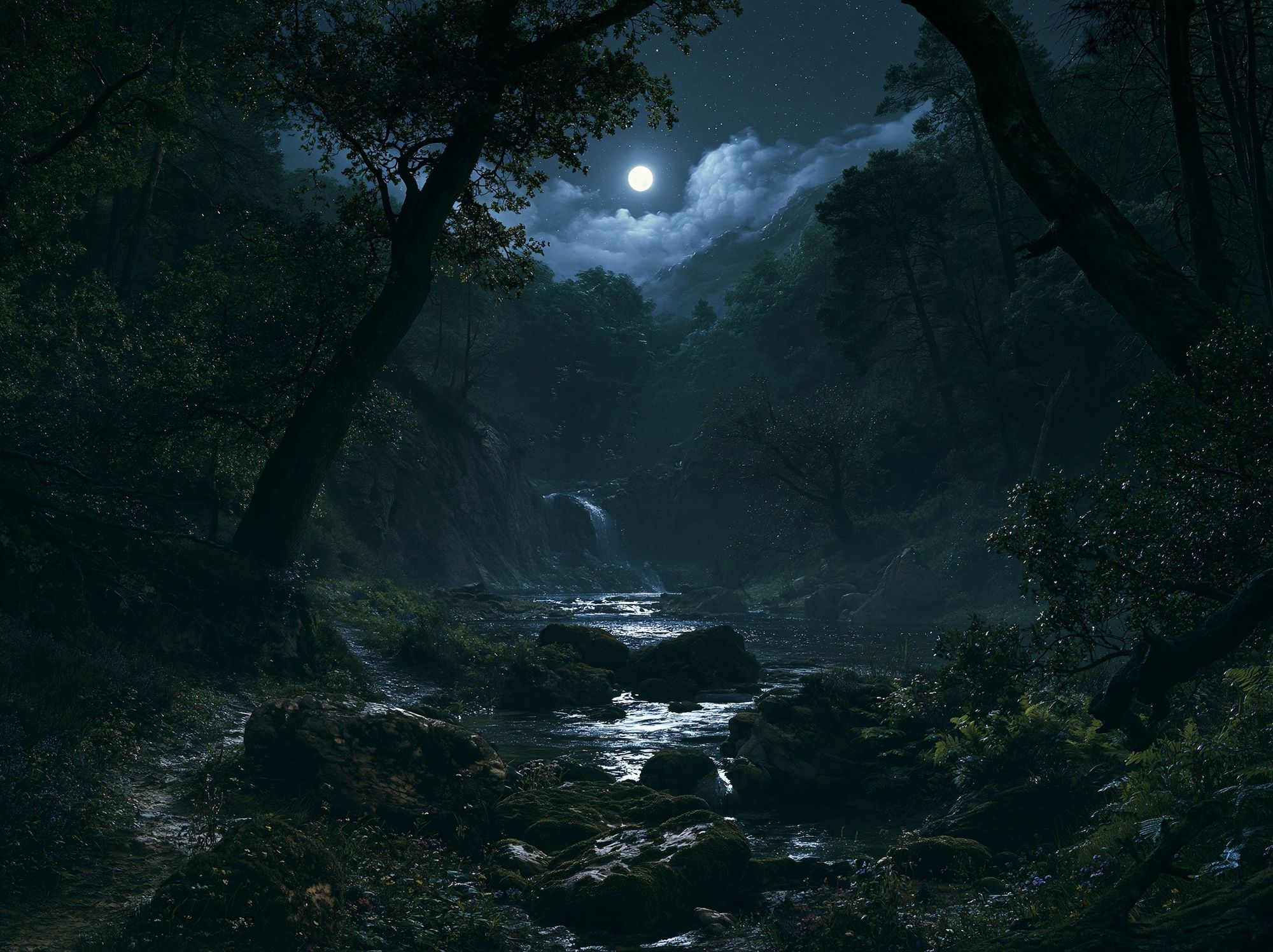 Moonlit Forest River Poster. poster detail