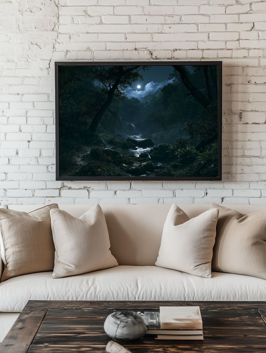 Moonlit Forest River Poster. room preview