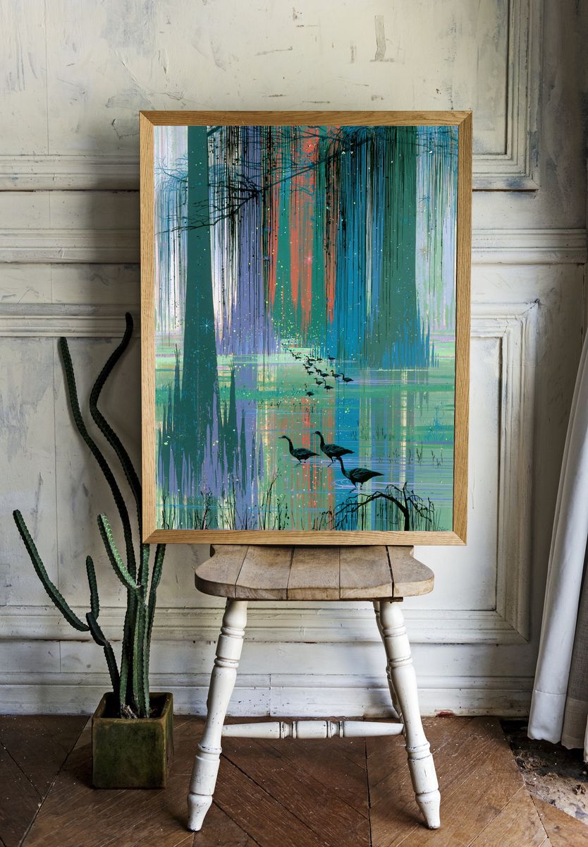Misty Wetland Geese Illustration Poster. room preview