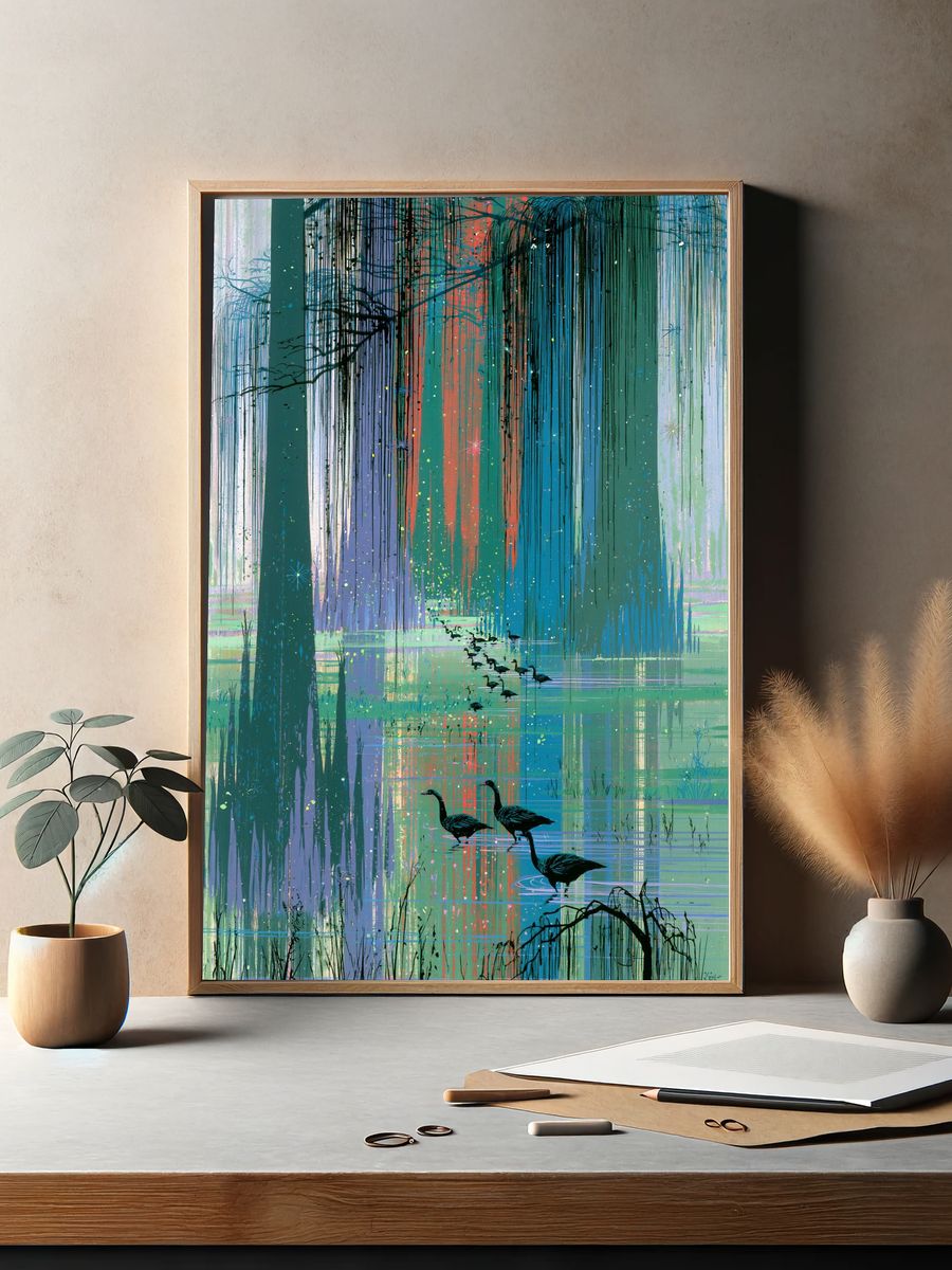 Misty Wetland Geese Illustration Poster. — room view 2