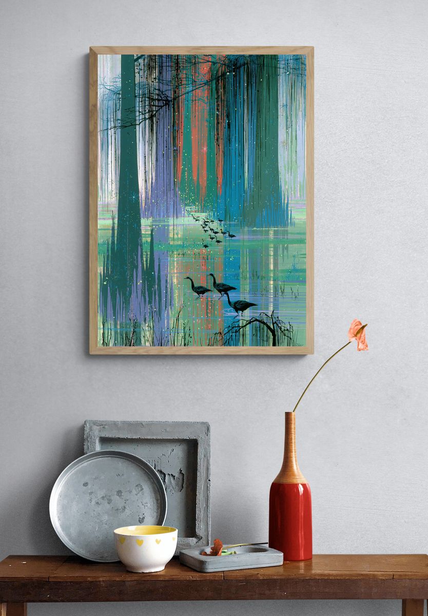 Misty Wetland Geese Illustration Poster. — room view 3