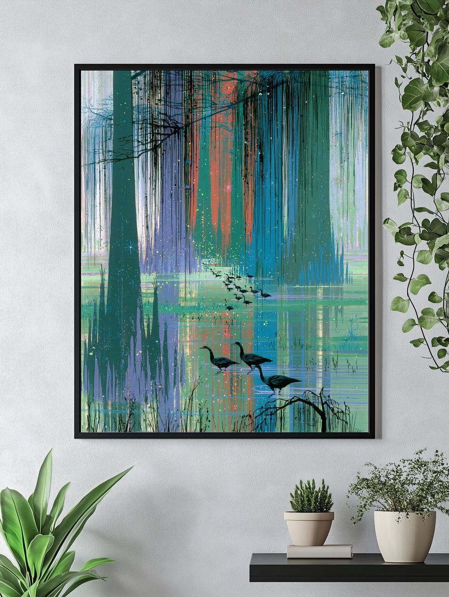 Misty Wetland Geese Illustration Poster. — room view 4