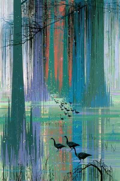 Misty Wetland Geese Illustration Poster.