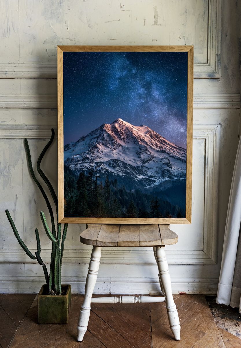 Snowy Mountain Under Starry Sky Poster. — room view 1