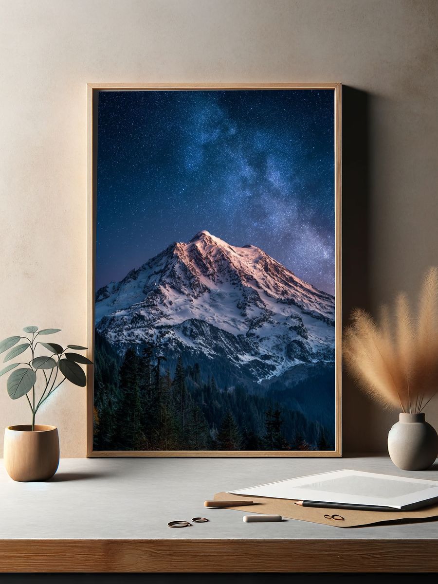 Snowy Mountain Under Starry Sky Poster. — room view 2