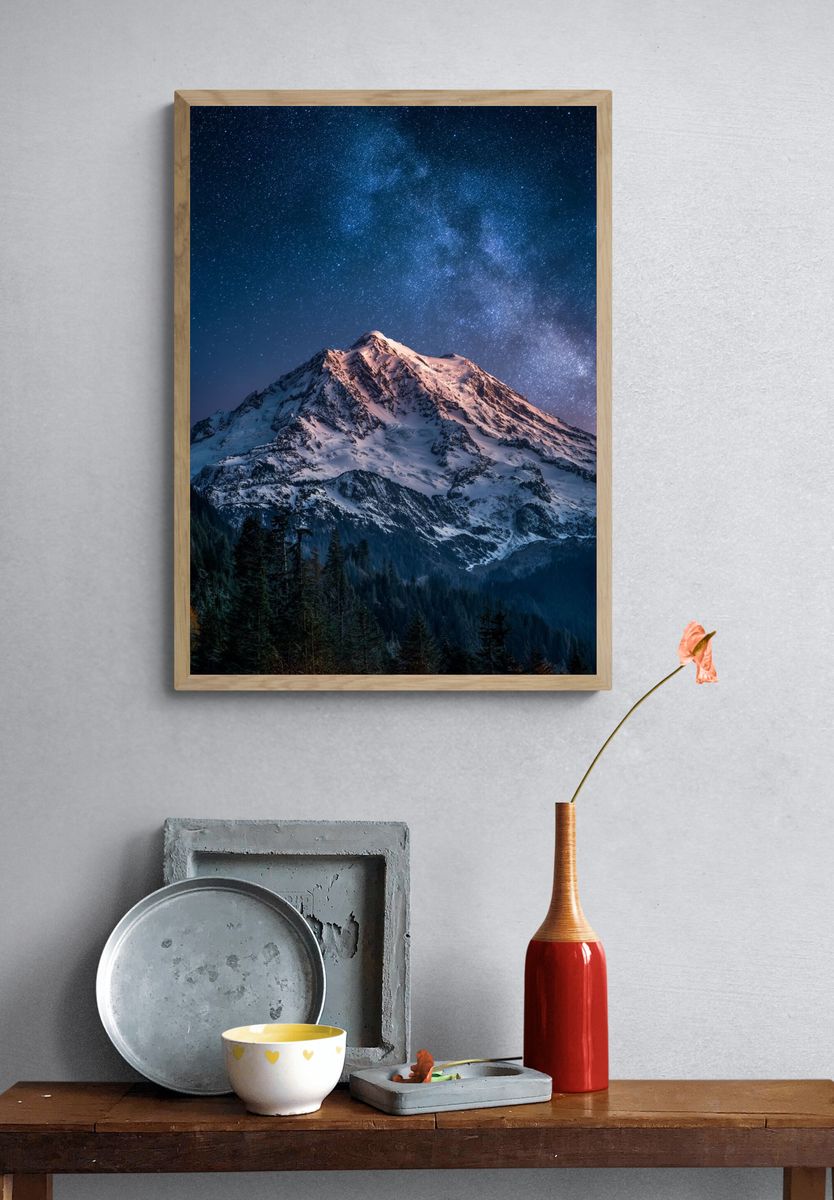 Snowy Mountain Under Starry Sky Poster. — room view 3