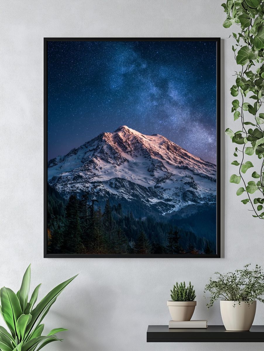 Snowy Mountain Under Starry Sky Poster. — room view 4