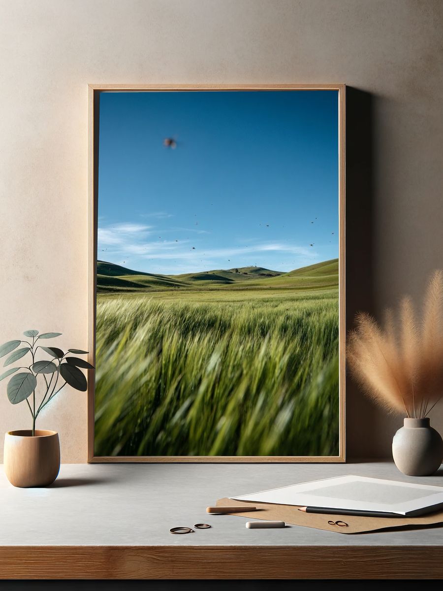 Lush Green Fields Under Blue Sky — Nature Print. — room view 2