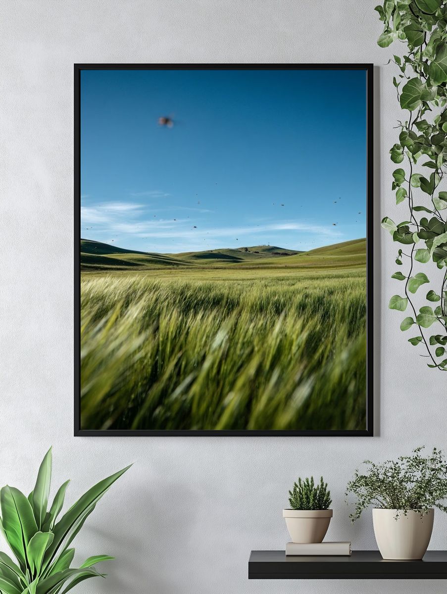 Lush Green Fields Under Blue Sky — Nature Print. — room view 4