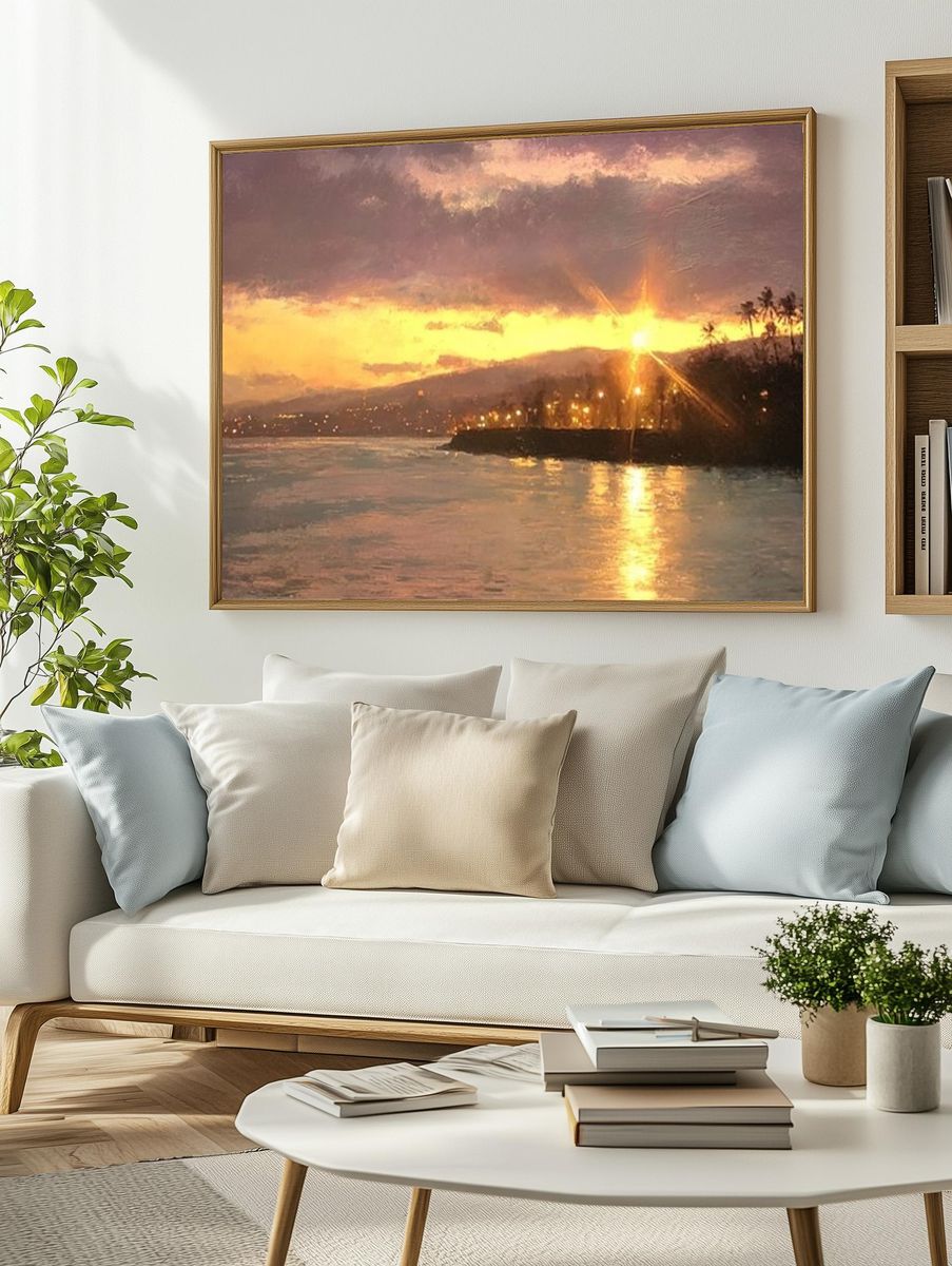 Golden Coastal Sunset Print. — room view 2