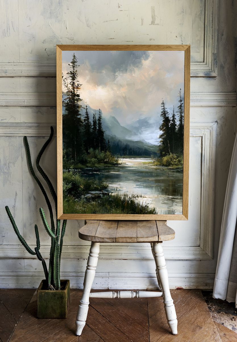 Misty Forest River Landscape Poster. room preview