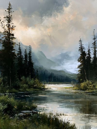Misty Forest River Landscape Poster.