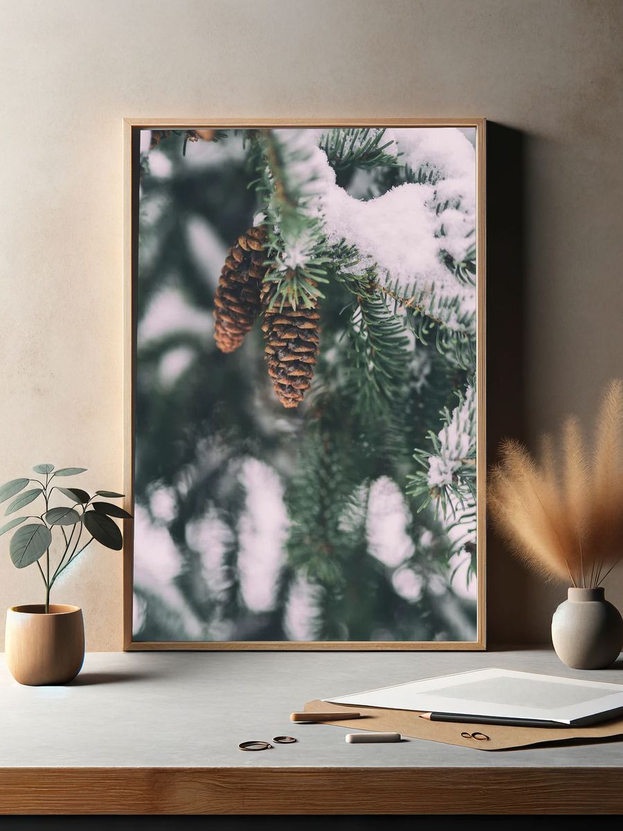 Snowy Pinecones — Nature Print. — room view 2