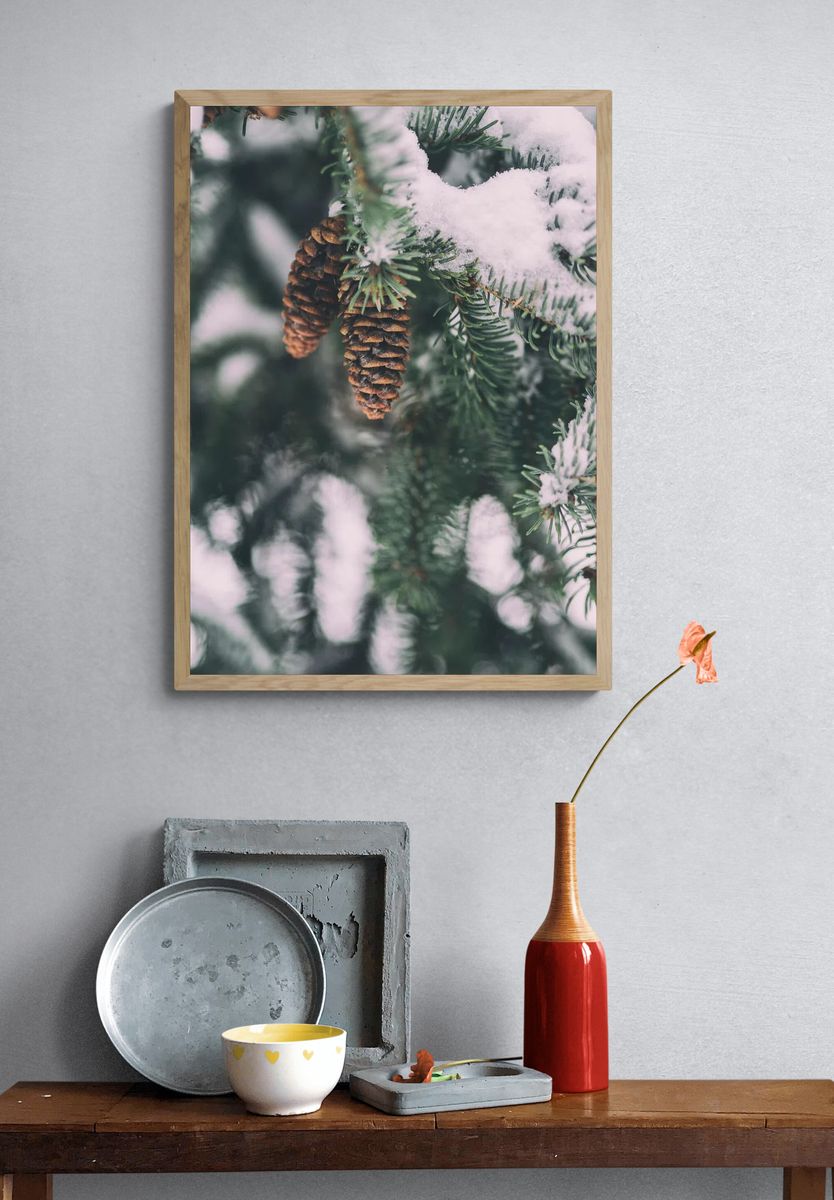 Snowy Pinecones — Nature Print. — room view 3