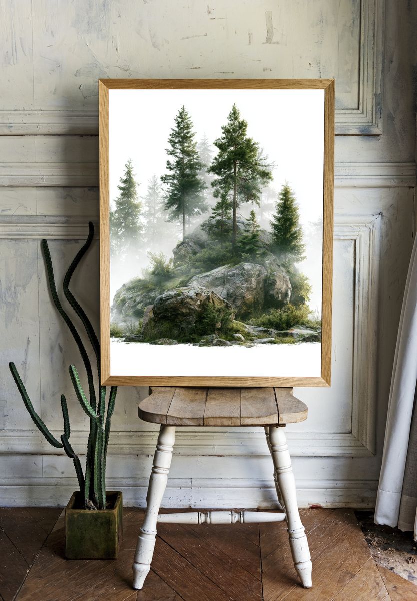 Misty Pine Rockscape Poster. room preview