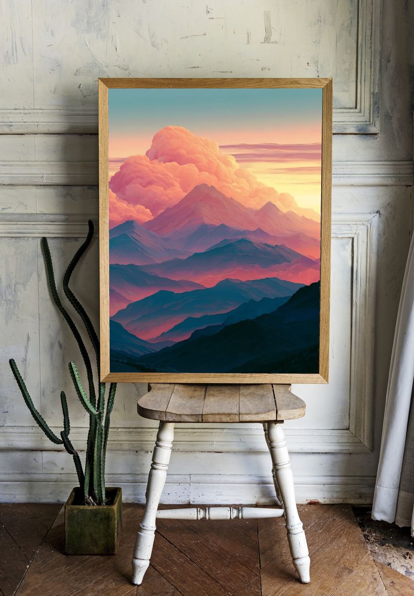 Pastel Mountain Sunrise Print. room preview