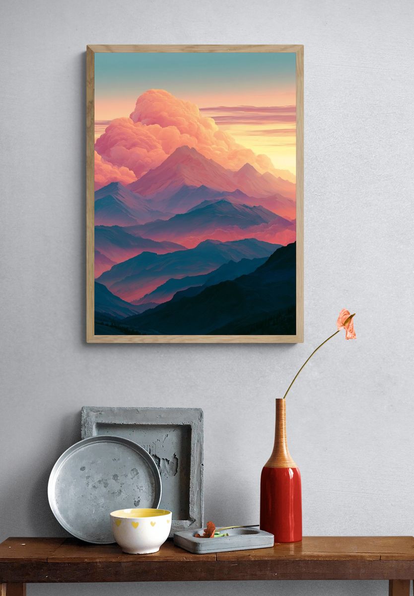 Pastel Mountain Sunrise Print. — room view 3