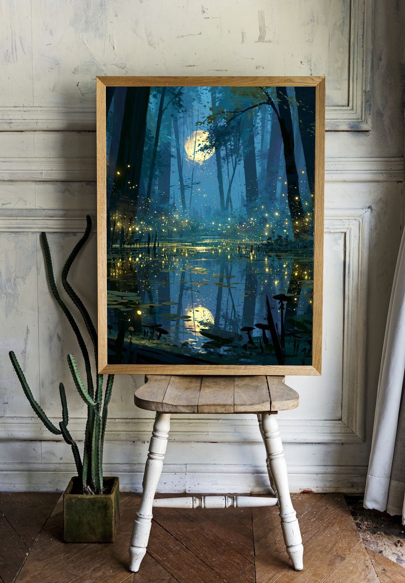 Moonlit Firefly Forest Print. — room view 1