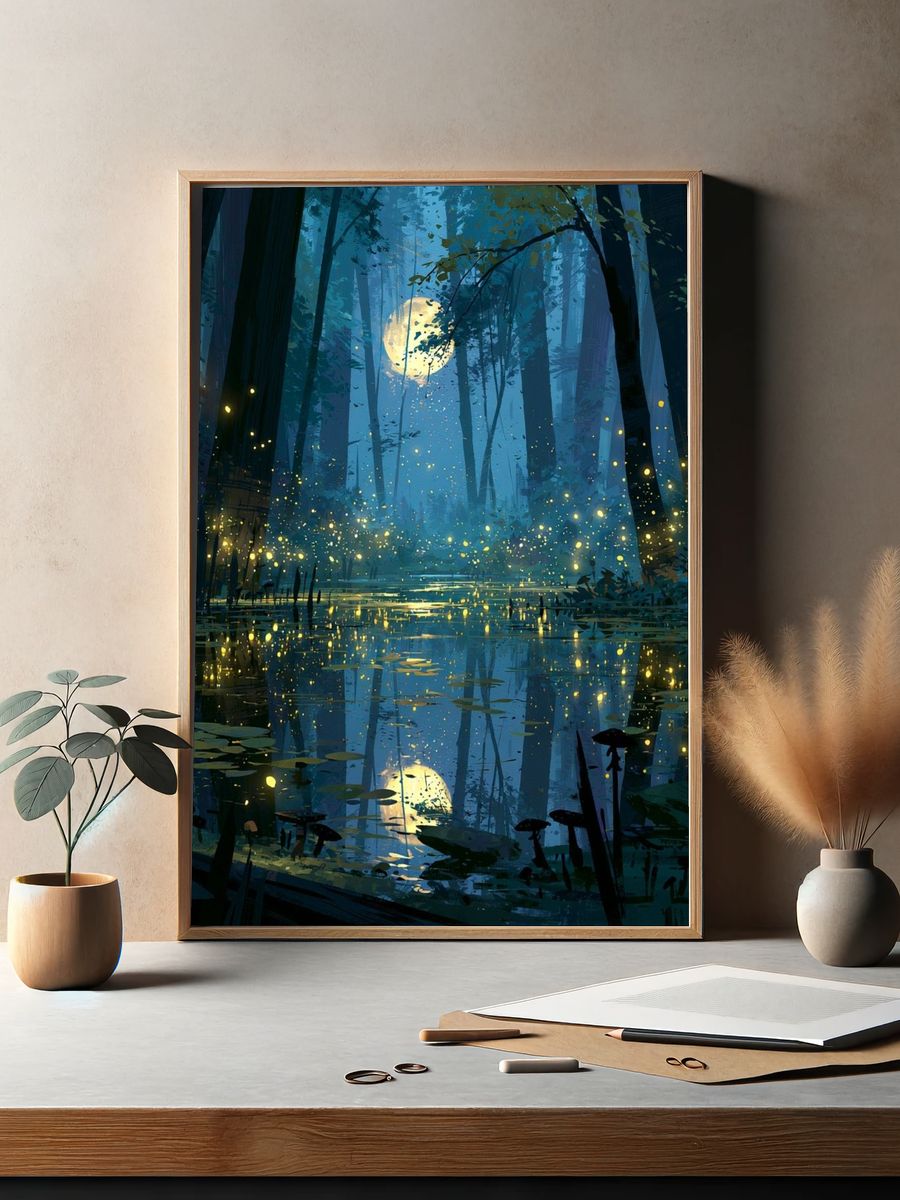 Moonlit Firefly Forest Print. — room view 2