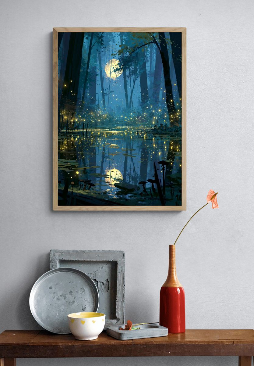 Moonlit Firefly Forest Print. — room view 3