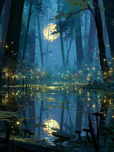 Moonlit Firefly Forest Print. poster