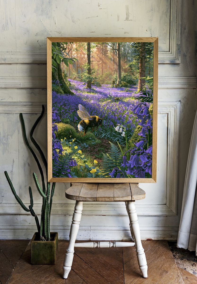 Sunlit Bluebell Forest Poster. room preview