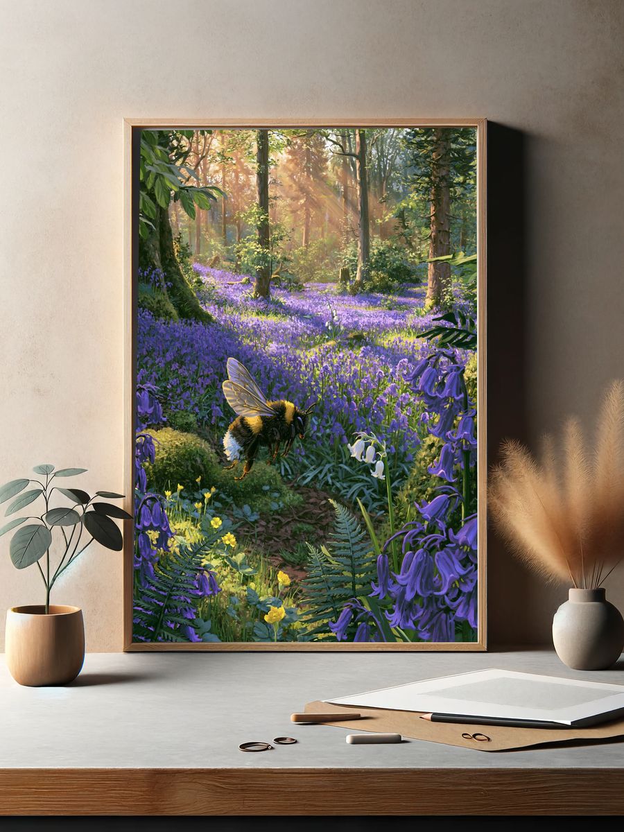 Sunlit Bluebell Forest Poster. — room view 2