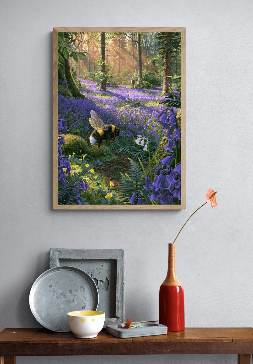 Sunlit Bluebell Forest Poster. — room view 3