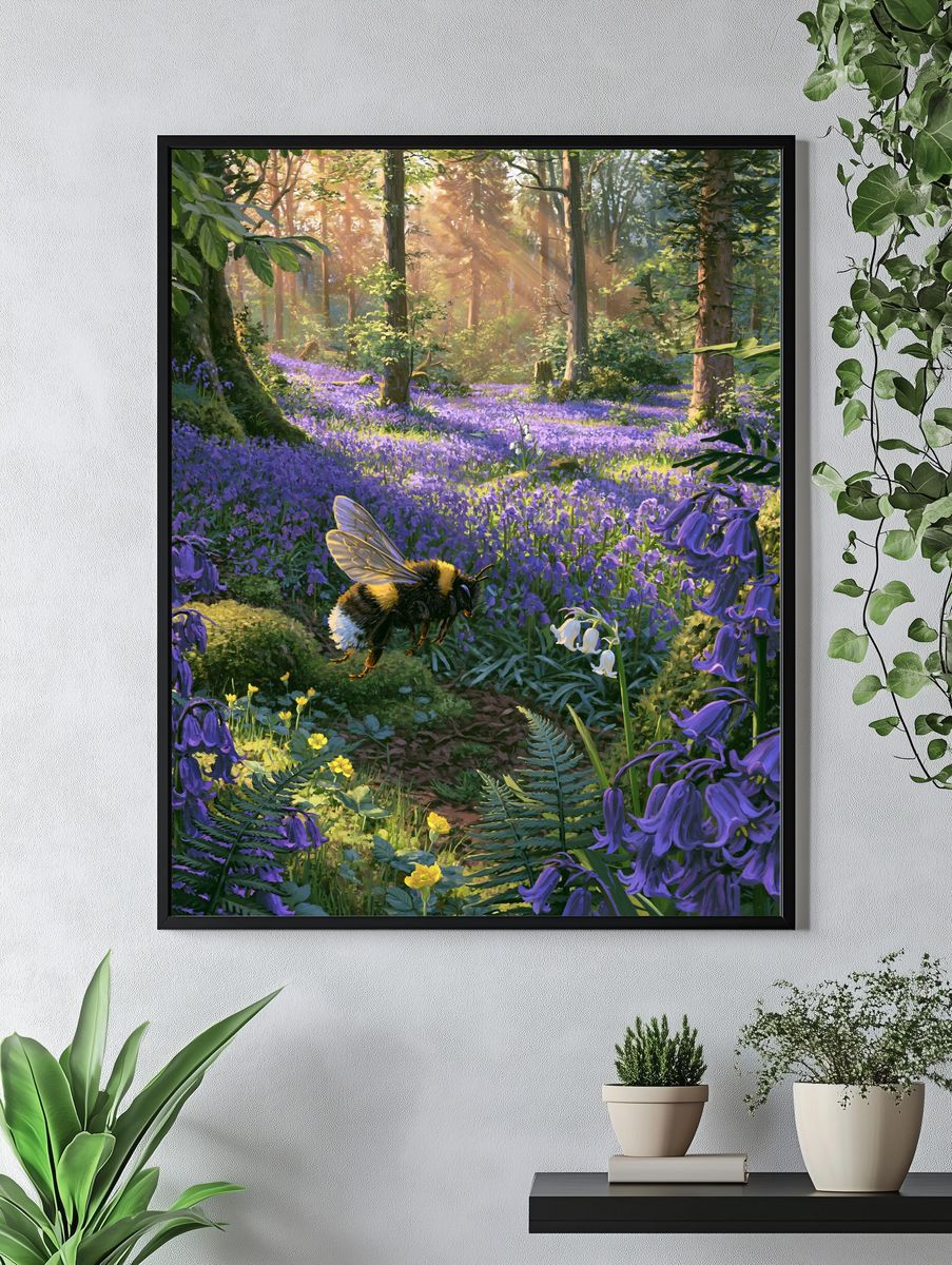 Sunlit Bluebell Forest Poster. — room view 4