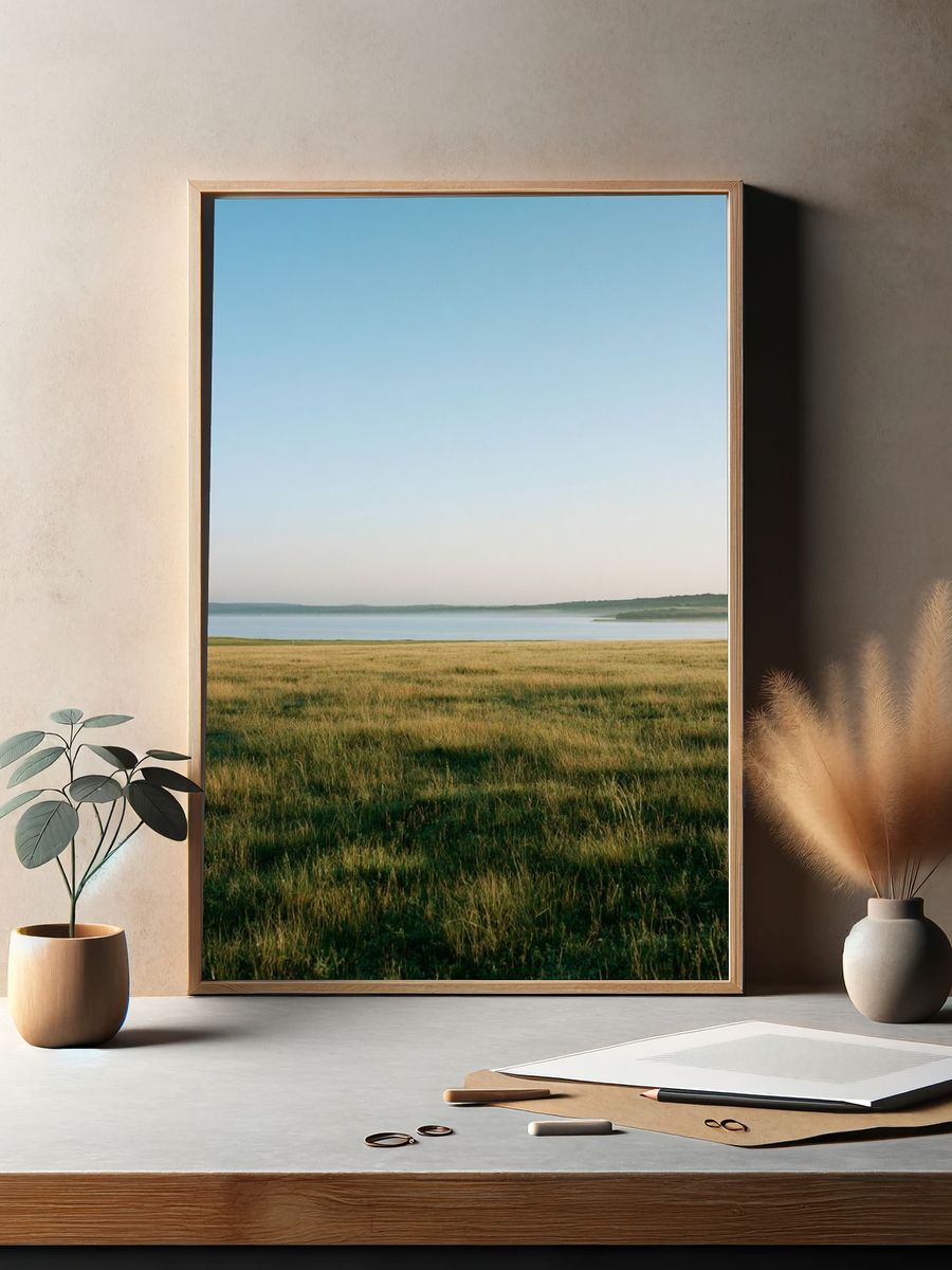 Misty Lakeside Meadow Photography Poster. — room view 2