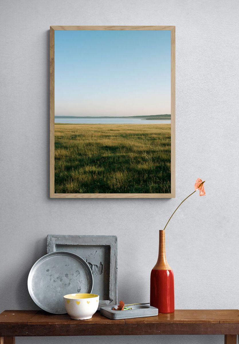 Misty Lakeside Meadow Photography Poster. — room view 3