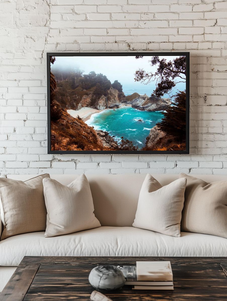 Secluded Beach with Waterfall — Nature Print room preview