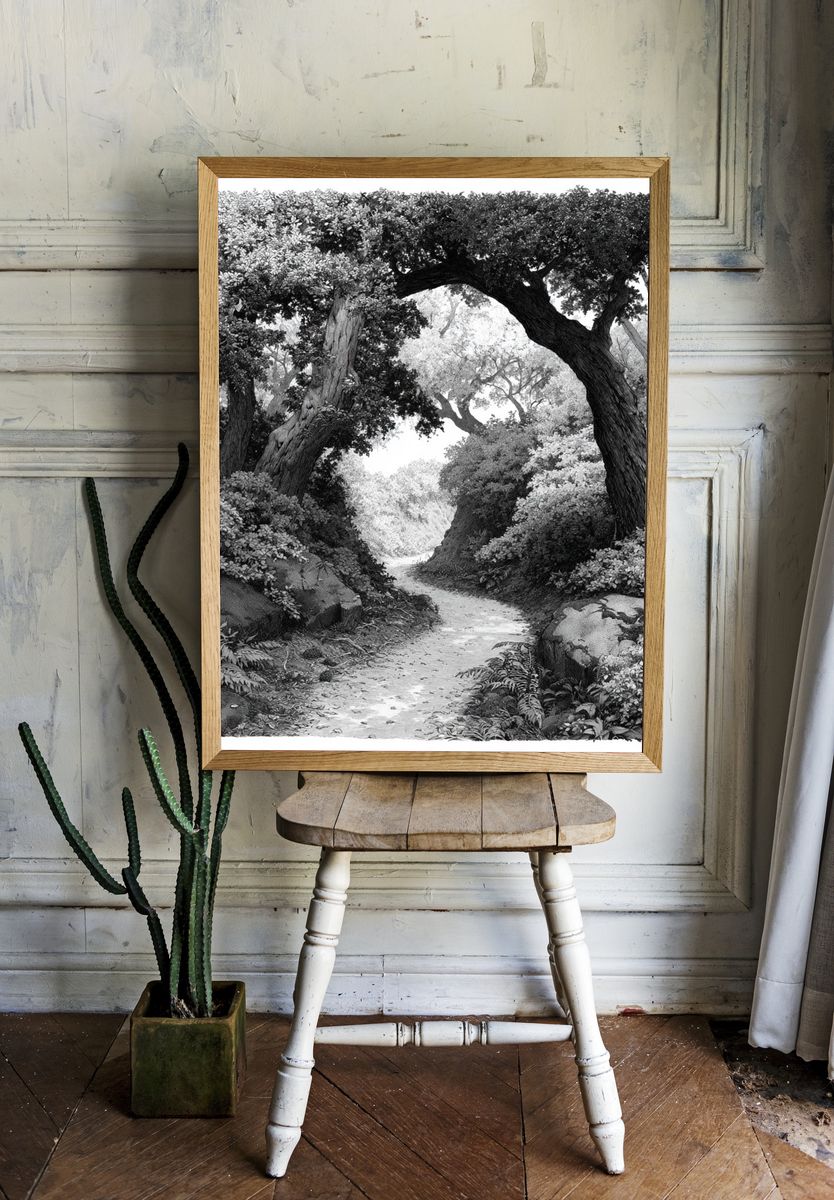 Forest Path Black-White Print. — room view 1