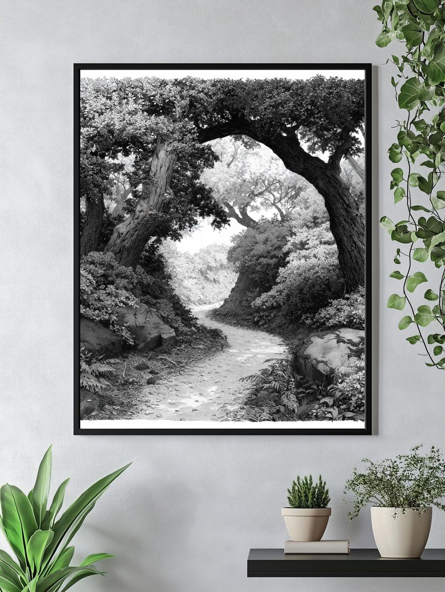 Forest Path Black-White Print. — room view 4