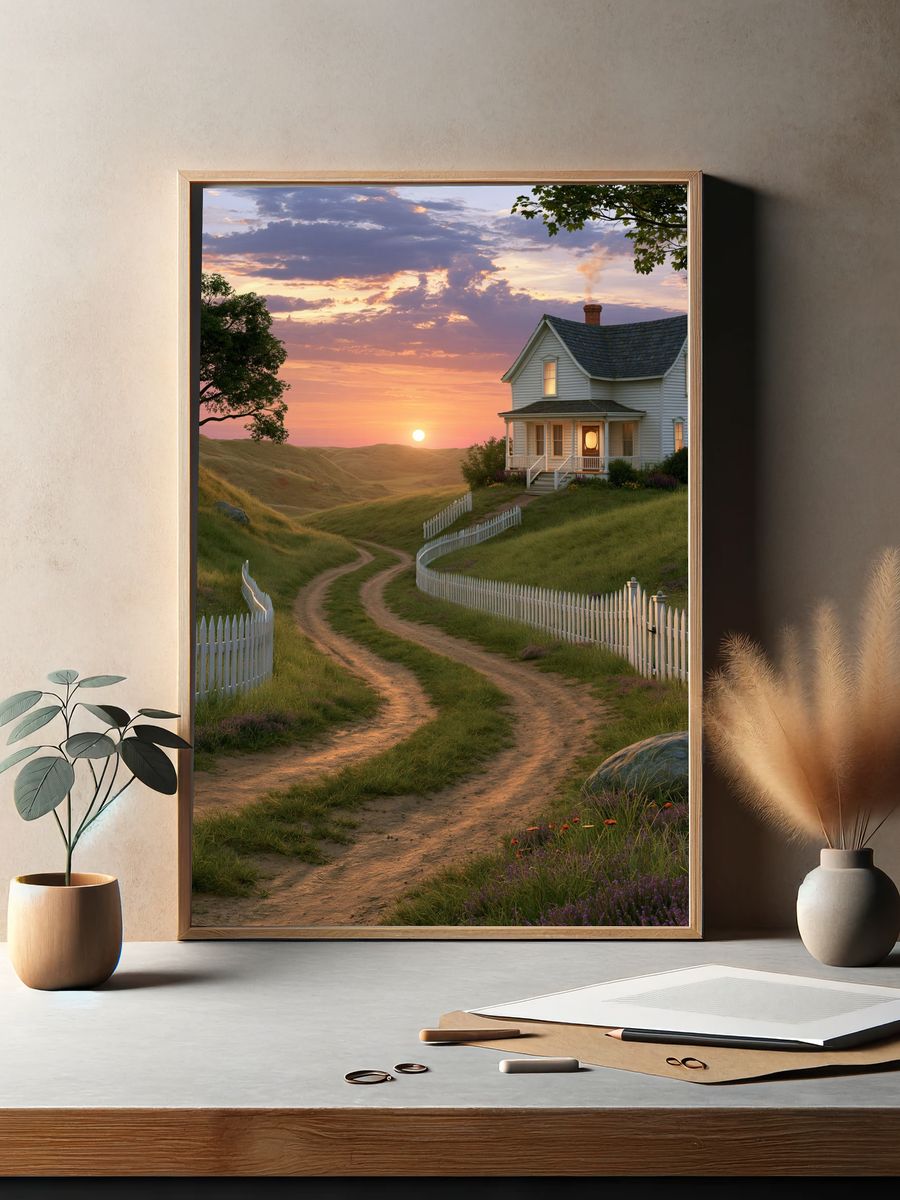 Sunset Country House Landscape Poster. — room view 2