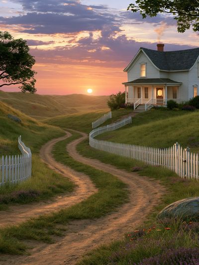 Sunset Country House Landscape Poster.