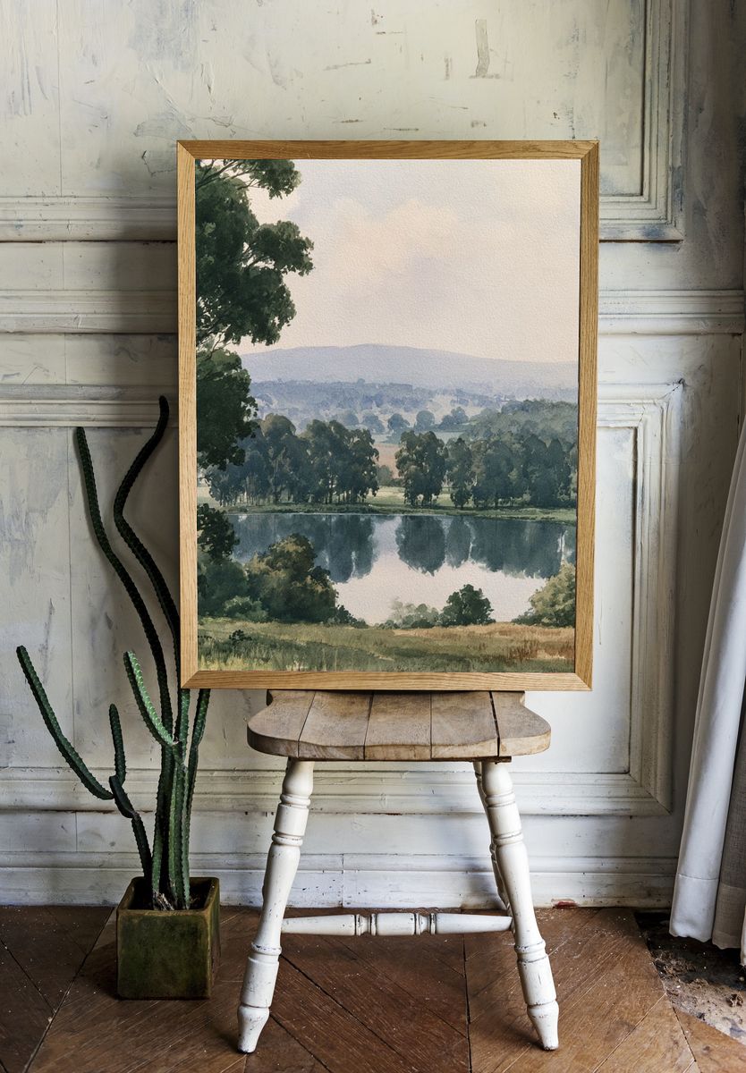 Serene Lakeside Landscape Print. — room view 1