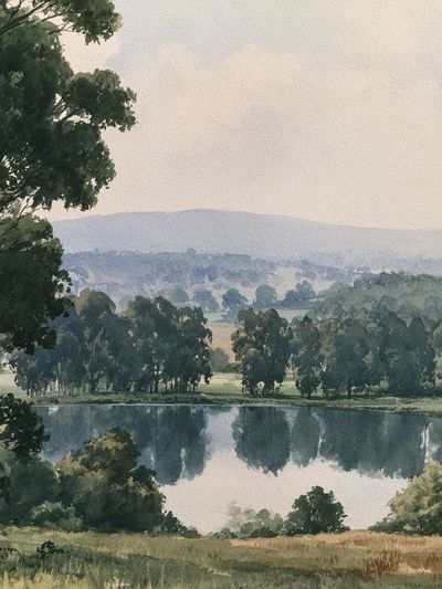 Serene Lakeside Landscape Print. poster