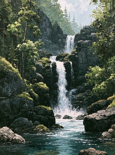 Misty Forest Waterfall Print. poster detail
