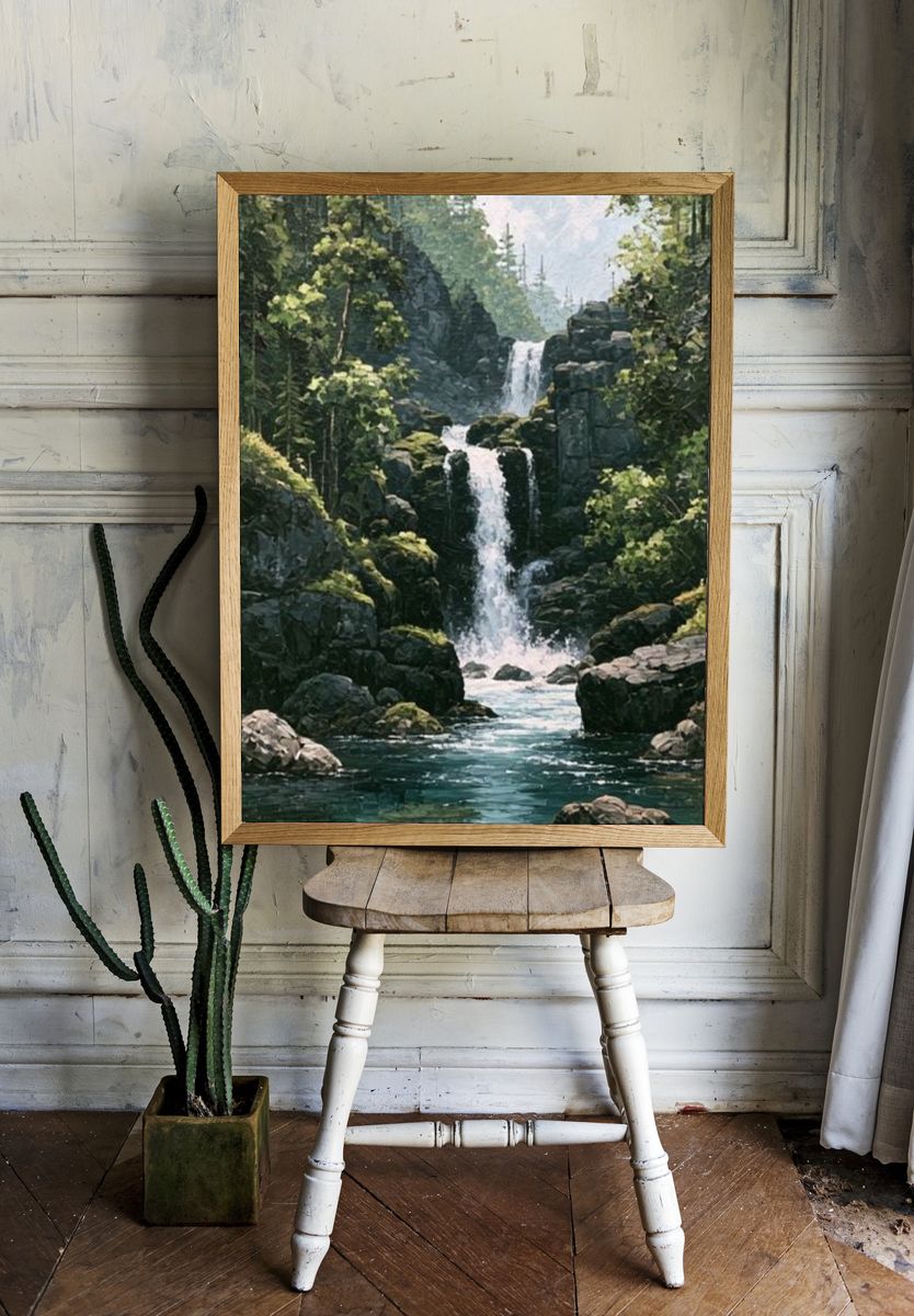 Misty Forest Waterfall Print. room preview