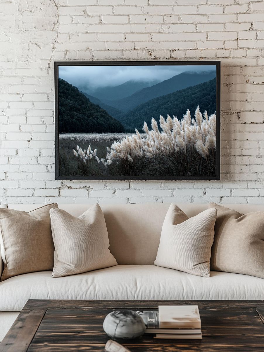 Misty Mountain Grassland Photography Poster room preview
