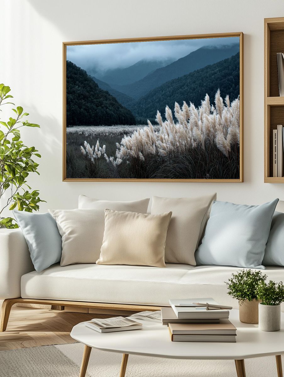 Misty Mountain Grassland Photography Poster. — room view 2