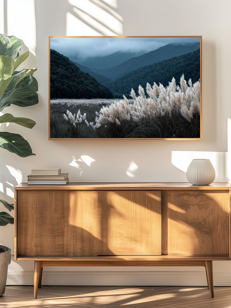 Misty Mountain Grassland Photography Poster. — room view 3