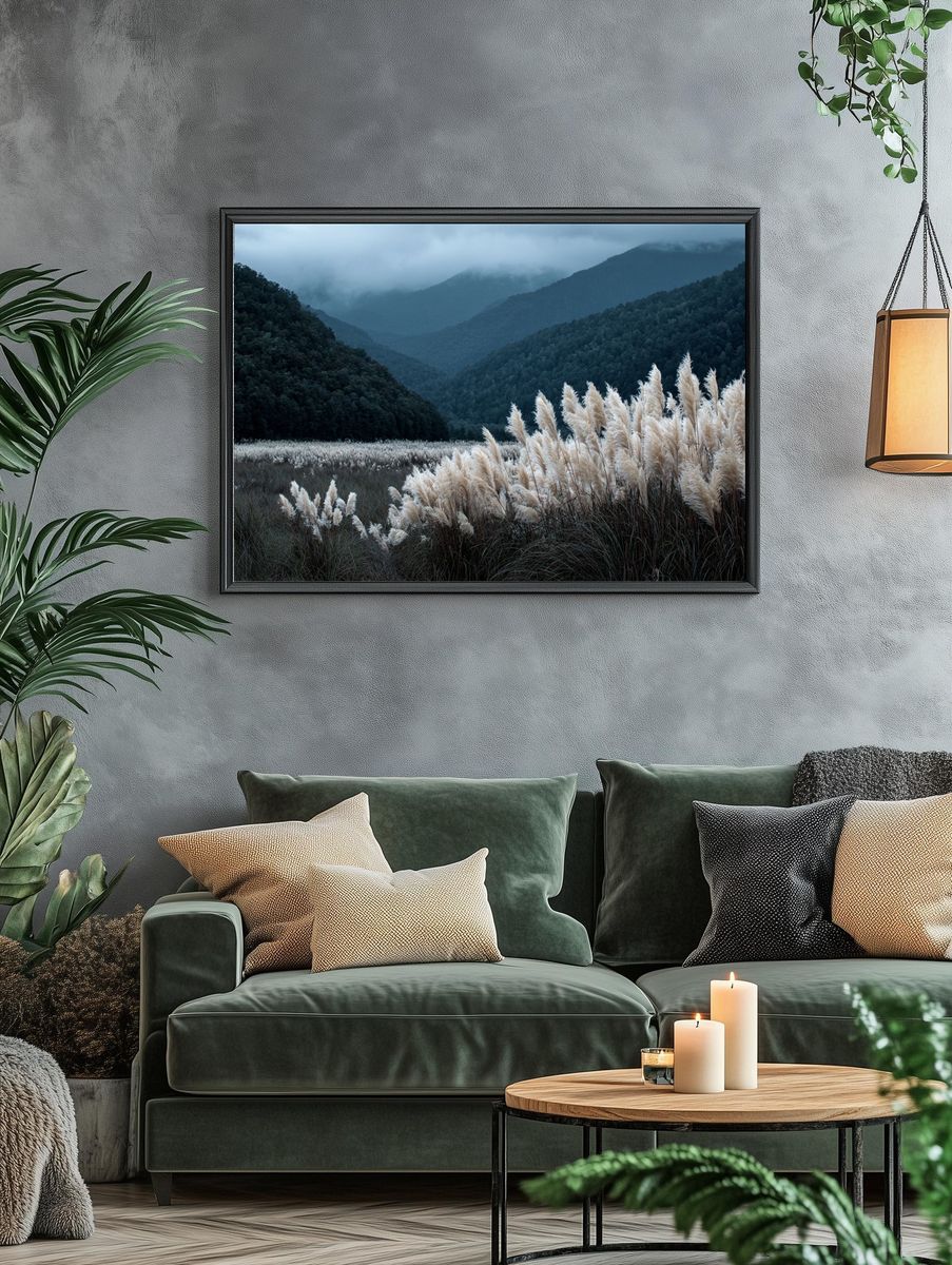 Misty Mountain Grassland Photography Poster. — room view 4