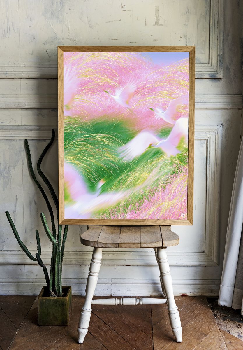 Pastel Crane Dreamscape Print. room preview
