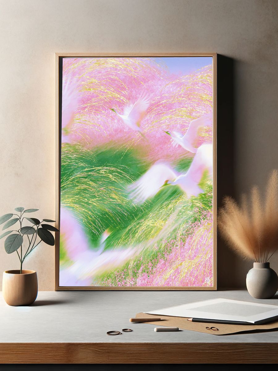 Pastel Crane Dreamscape Print. — room view 2