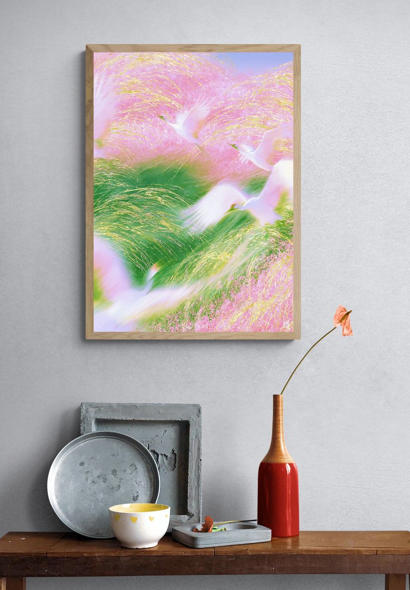 Pastel Crane Dreamscape Print. — room view 3
